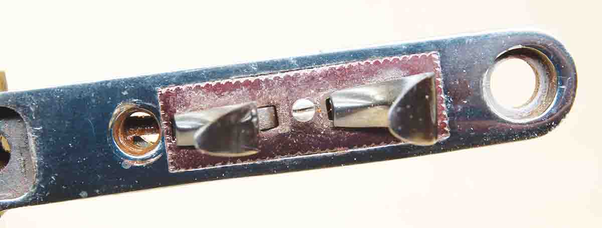 German set trigger boxes could be integral with the bottom metal or added on, as was done here. Note the different color of bluing and engraving around the joint line.